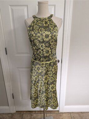 Ted Baker Drop Waist Halter Silk Blend Dress Green Grey Floral Retro Sz 2
